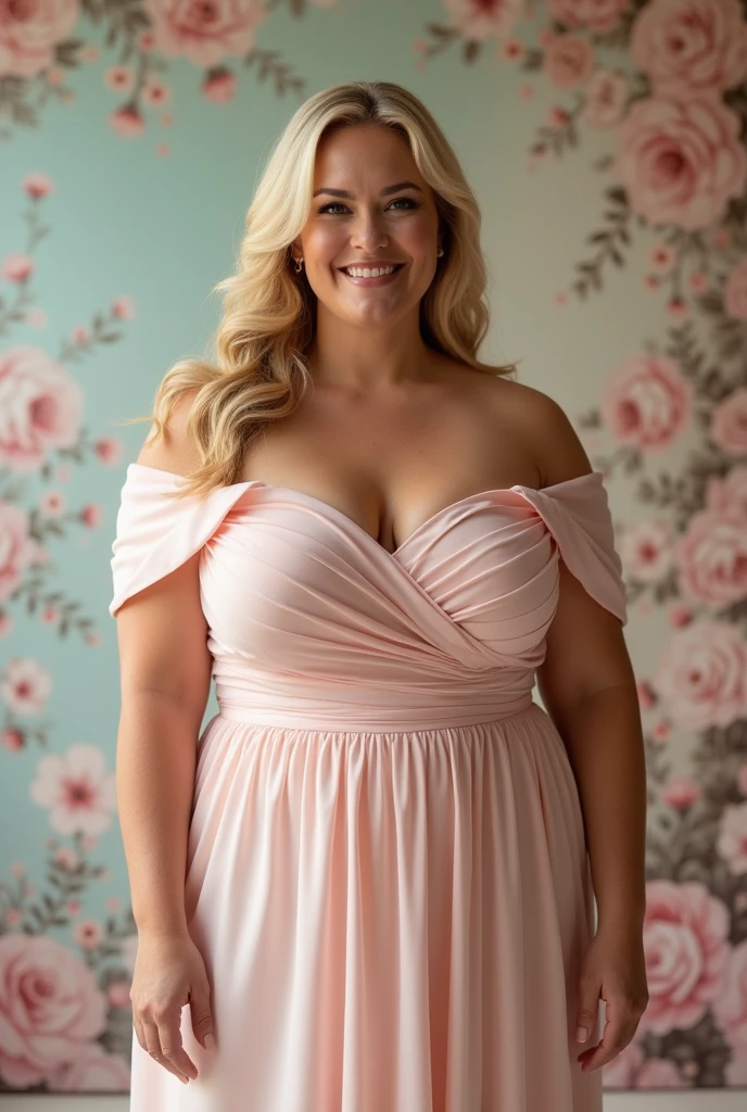 Beautiful blonde woman XL size 40 years XL with big breasts in a dress with a big neckline