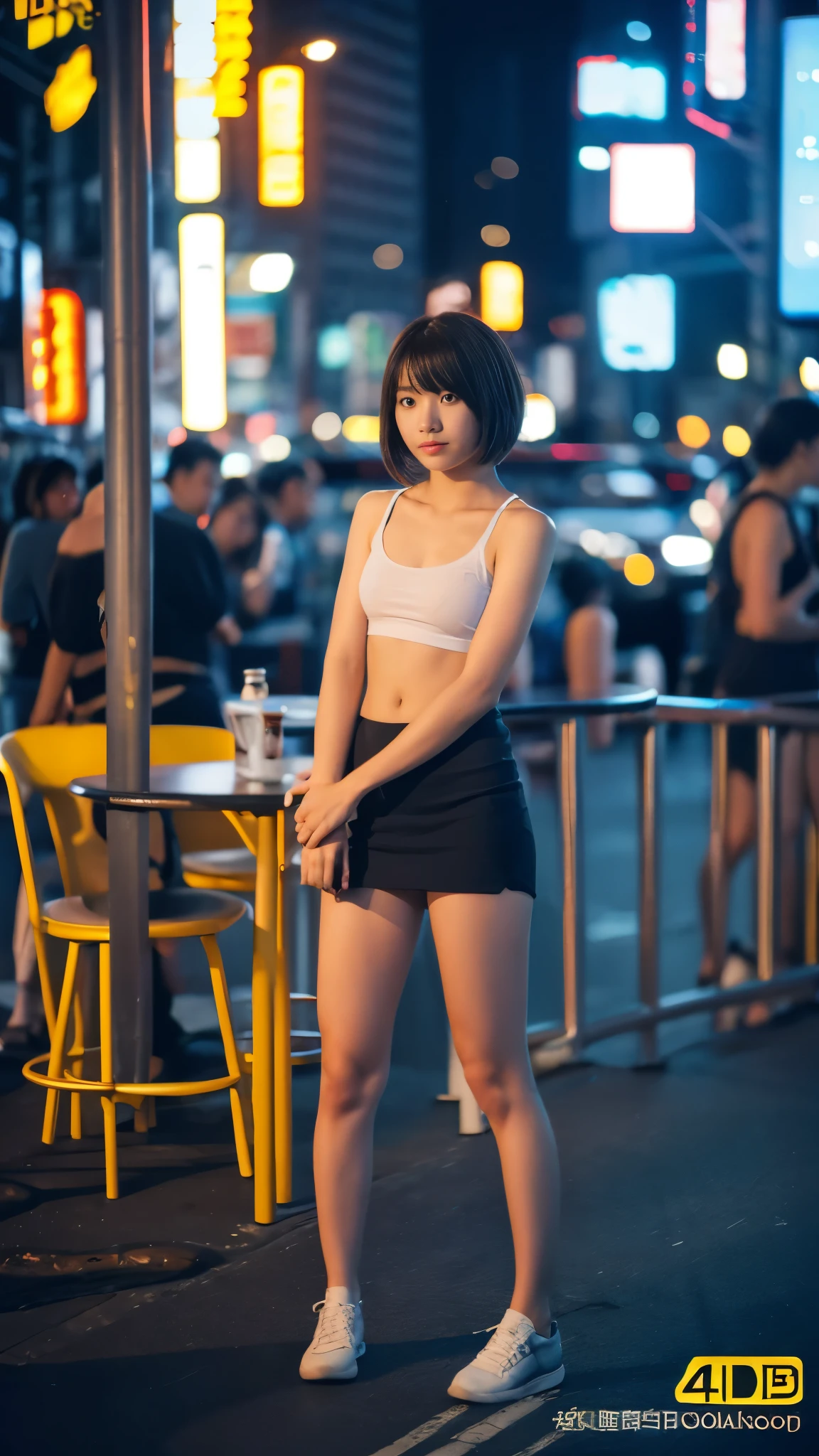 最high quality, table top, High resolution, 24 years old, 1 girl, New York night view, blur the background, full body image, Looking at camera, short hair, Digital single-lens reflex camera, high quality, volume lighting, High resolution, 4K, Japanese college student, stand up straight, ((((upper body photo)))), one person, 