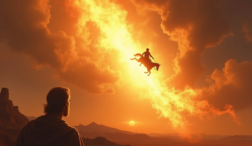 Create a realistic and dramatic image that captures the moment of Elijah&#39;s ascension, being carried away by a chariot of fire with horses of fire, as described in the biblical passage in 2 Kings 2:11. The scene must be vibrant and exciting, with flames and radiant lights emanating from the celestial chariot. No fundo, include Elisha, contemplating the scene with an expression of admiration and reverence. The sky must be filled with dramatic clouds, reflecting the intensity of the moment. The image should convey a feeling of divine power and spirituality, ideal for use in a YouTube video.