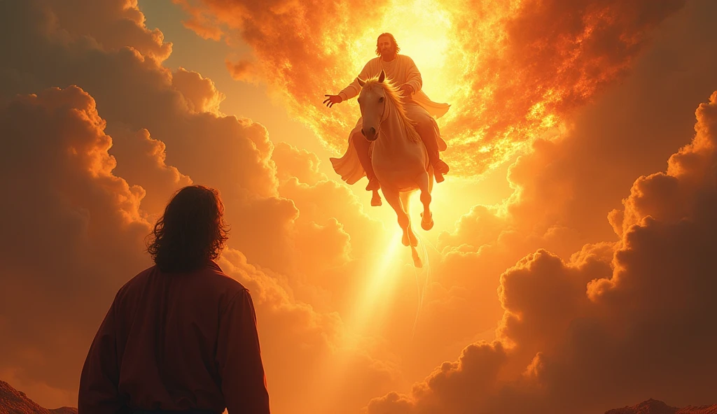 Create a realistic and dramatic image that captures the moment of Elijah's ascension, being carried away by a chariot of fire with horses of fire, as described in the biblical passage in 2 Kings 2:11. The scene must be vibrant and exciting, with flames and radiant lights emanating from the celestial chariot. No fundo, include Elisha, contemplating the scene with an expression of admiration and reverence. The sky must be filled with dramatic clouds, reflecting the intensity of the moment. The image should convey a feeling of divine power and spirituality, ideal for use in a YouTube video.