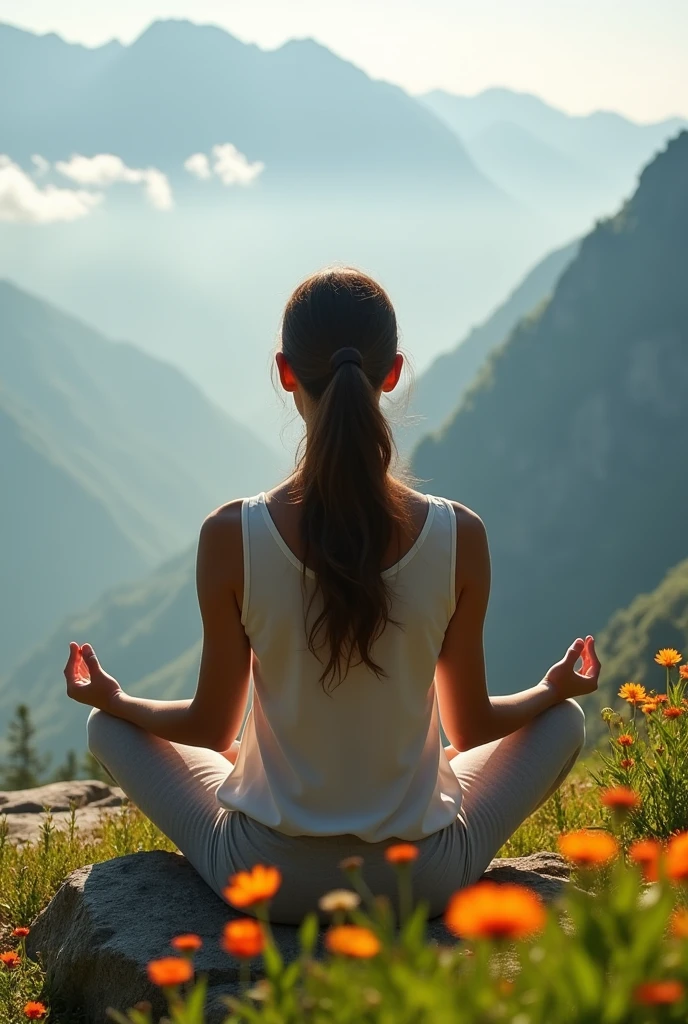 beautiful woman , meditation , meditation , Luxuriant , mountain , above the cloud, front view ,8k HD high definition 8k UHD, DSLR, perfect hand