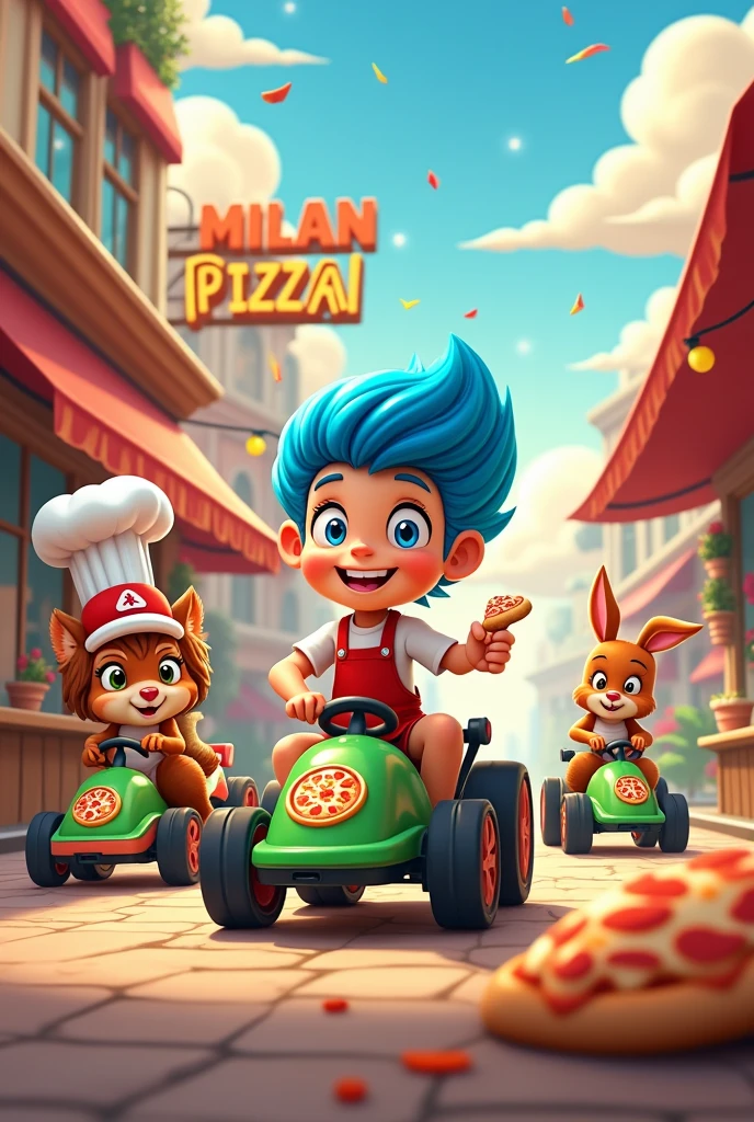 Personnage genre dessin animé et petit personnages animaux pour une publicité pizzeria au nom de "Milan Pizza", who make powerful green and black karts