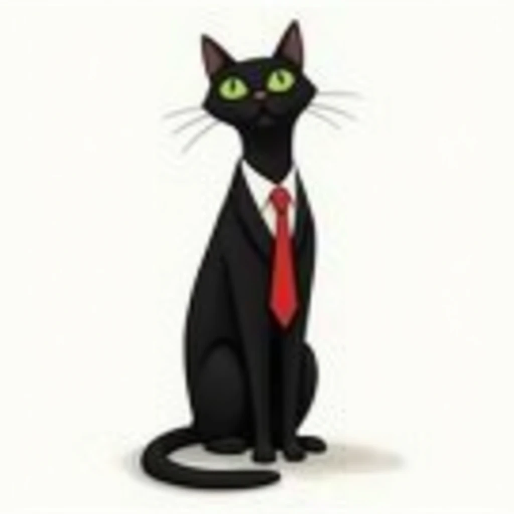 Black cat with body in black suit with red tie, drawing style, minimalism