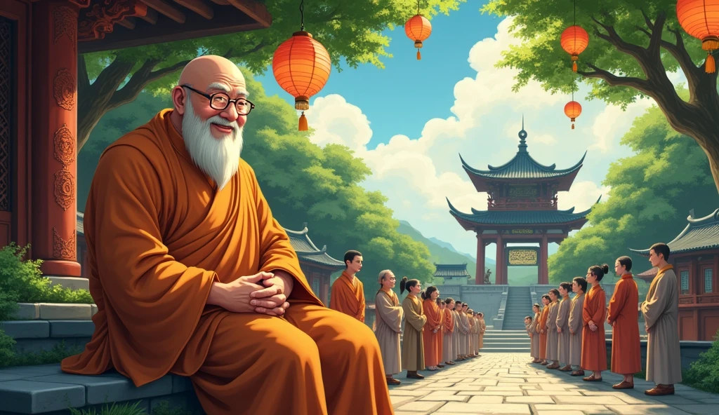 An wisdom full old fat Chinese monk, surrounded by temples, young students visiting, beautiful scenario, trees, in anime style