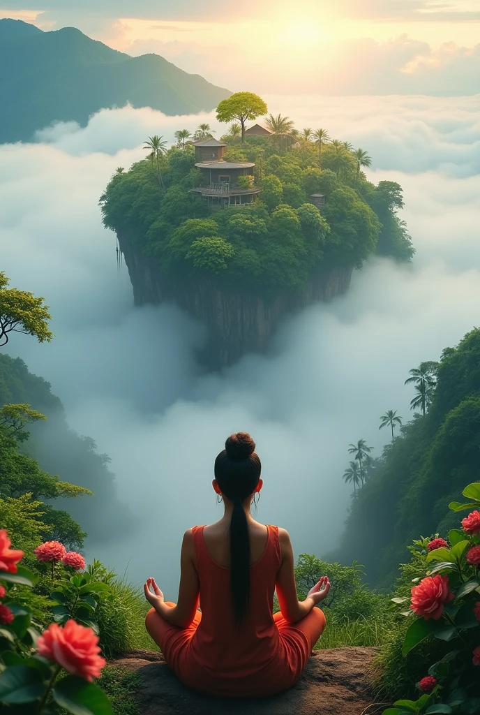 lovely woman , meditation , meditation , Luxuriant , island , above the cloud, front view ,8k HD high definition 8k UHD, DSLR, mains parfaite