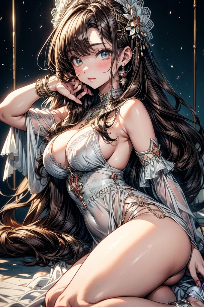 highest quality, ultra high resolution, super detailed, gorgeous, masterpiece, best quality, high resolution finely detailed, extremely beautiful, distinct image, ((best quality)) ((best quality)), ((masterpiece)), (detailed), 4k image, anime style, beautiful young girl, teenage girl, fair white skin, oval shaped face, seductive facial features, lacy and elegant shawl nightdress, astonishing sex appeal, curly hazel-brown hair, slim, curvy body, green eyes, full lips, medium height, large breasts,