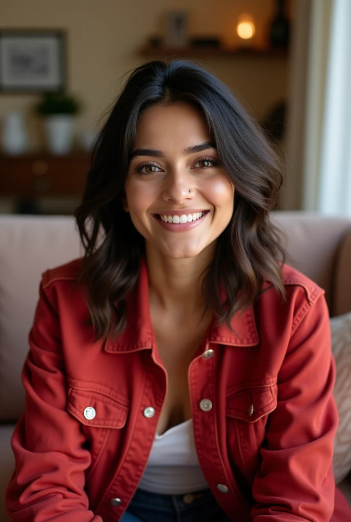 Genrate a y lady influencer. Very realstic. 27 years old. Very Fair face. Cute face. Red Denim jacket wearing. Slim nose. Very light brown eyes. Beautiful slim lips. Beautiful face. Beautiful eyes. Sexndian lady. She is the lovely sexy l. Realistic background. she is sitting on the sofa. sexy lady