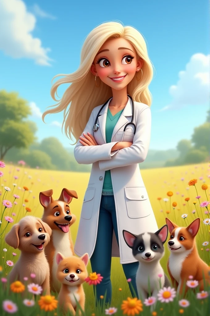 Pixar poster of a white woman with blonde hair and light brown eyes in a white coat working as a veterinarian in a beautiful field with various animals 