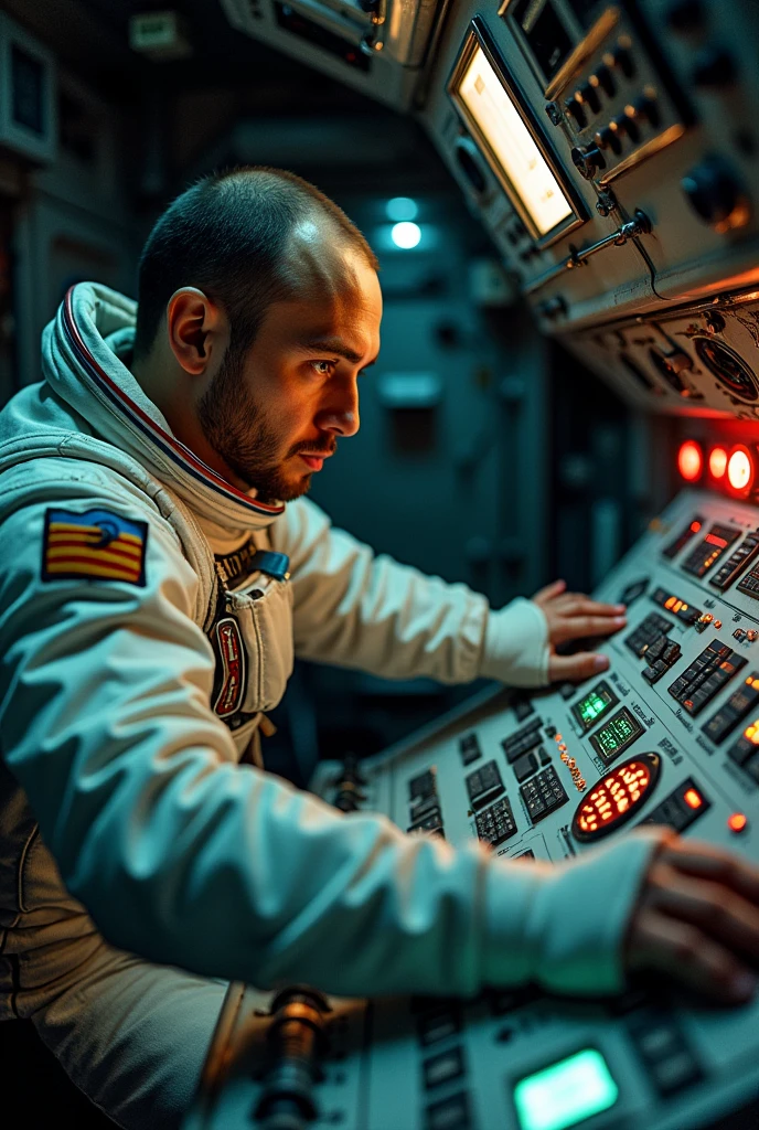 Close-up of controls in the Soyuz 4 cabin, with cosmonaut Vladimir Shatalov focused on the instruments.