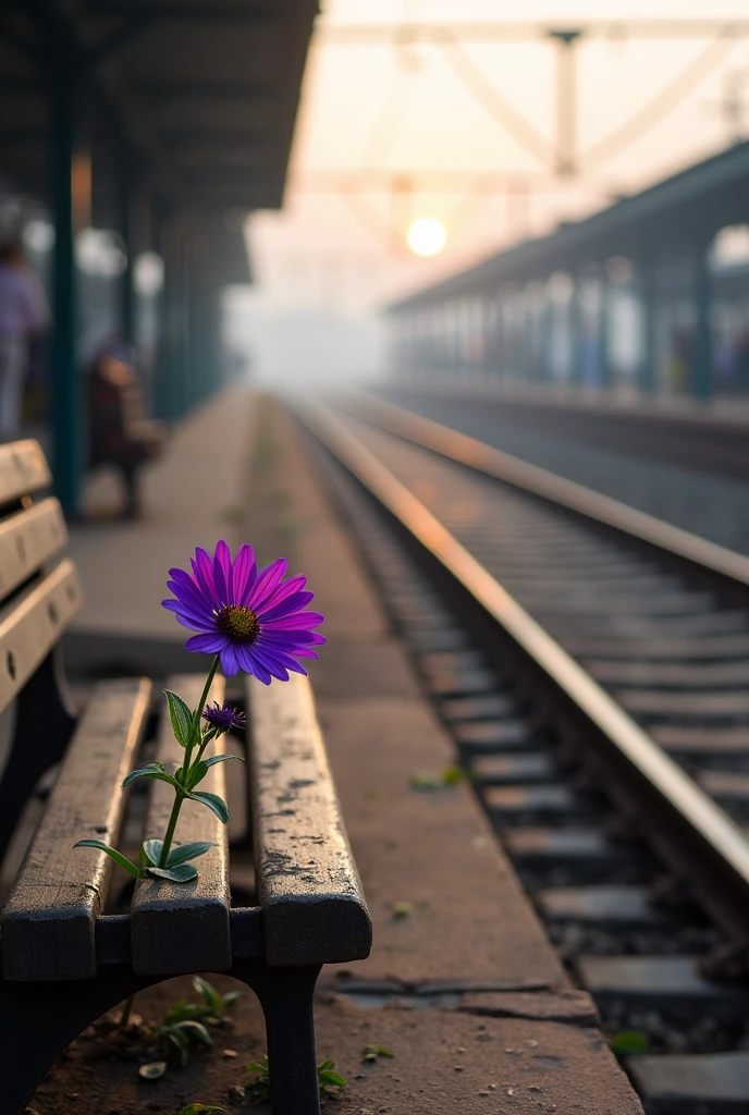 A purple flower in the early morning in the railway station platform