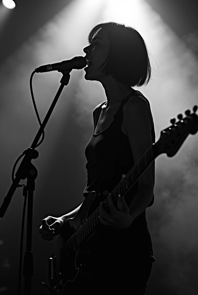 Short Bob、Japan Female Vocals、Japanese、8k、live house、Dark lighting、A stage filled with smoke、punk、Black and white photography、Woman shouting into a microphone