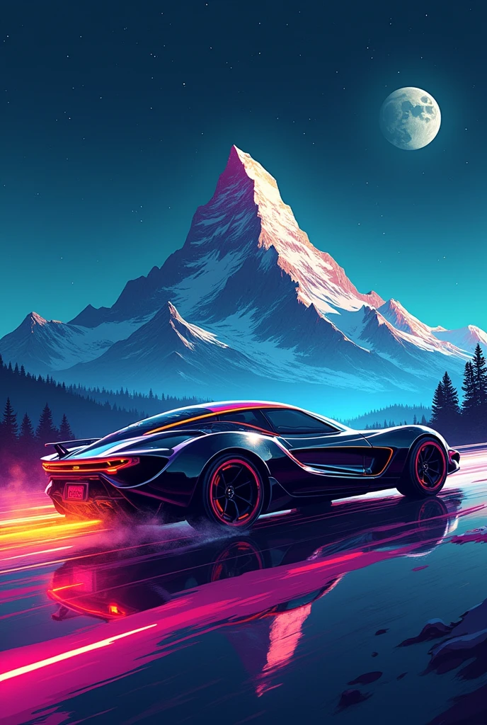 Une voiture roulant en direction d'une montagne en pleine nuits 
En tatouage 
Dans le style 2049
Beaucoup Moins réaliste 
La voitures et la montagne plus éloigner 
