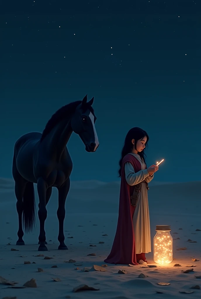 Draw a picture of a girl of 20 years old in brave's costume, having straight black hair standing in desert holding a jar which is decorated with LED lights inside. The girl is holding a chit and reading it.
On desert there are lots of chits everywhere without led lights.
A black horse is standing behind the girl on left side.
The whole picture is in dark mode.
