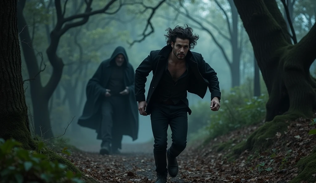 A man runs away from a vampire through the forest