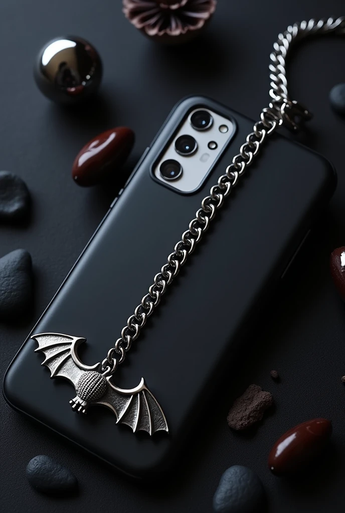 Black phone case with 3D silver bat at the bottom next to the camera on the left side, silver half-moon made of steel in the bottom right corner and a silver chain passing through the middle, going from the top right corner of the case to the bottom left corner of the 3D Samsung A25 cell phone case