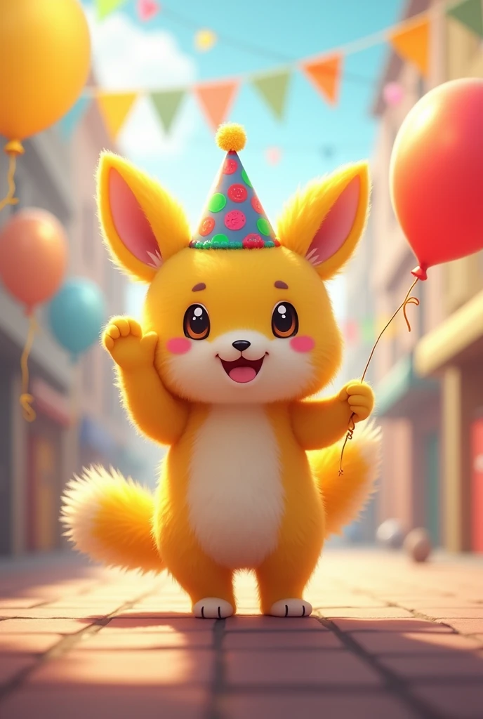 A cute and fluffy Renamon Furry wearing a birthday hat