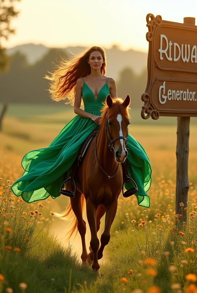 A beautiful woman is riding a horse in a green and beautiful meadow. Dan ada papan nama ridwan generator.AI big breasts