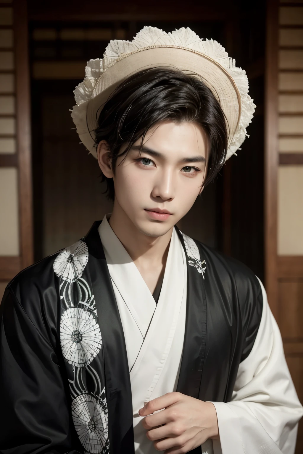 a handsome Asian man,age 25,brown hair,Beautiful green eyes black and white outfit like a different black and white kimono 