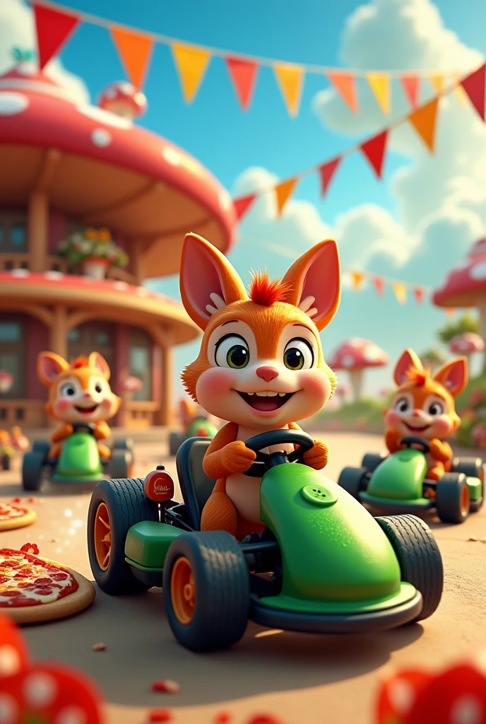 Personnage genre dessin animé et petit personnages animaux pour une publicité pizzeria au nom de "Milan Pizza", who make powerful green and black karts