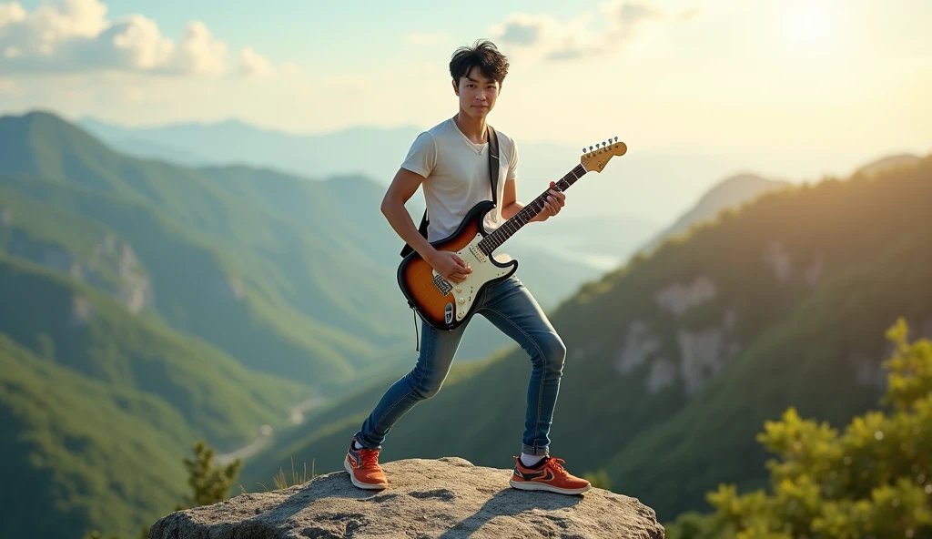 a hyper detailed photorealistic, handsome asian male , neat messy black hair, wearing tshirt jeans pants and running shoes. playing electric guitar standing at the rock of the hill, he is looking forward to camera, slightly looks, rendered in brilliantly colored, high resolution, 4K render.