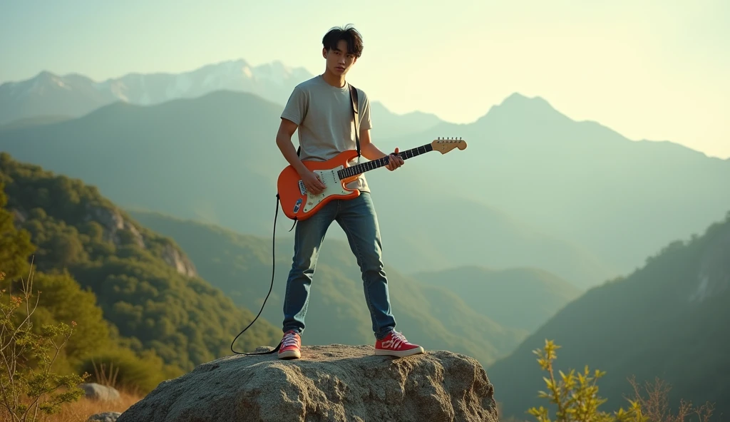 a hyper detailed photorealistic, handsome asian male , neat messy black hair, wearing tshirt jeans pants and running shoes. playing electric guitar standing at the rock of the hill, he is looking forward to camera, slightly looks, rendered in brilliantly colored, high resolution, 4K render.