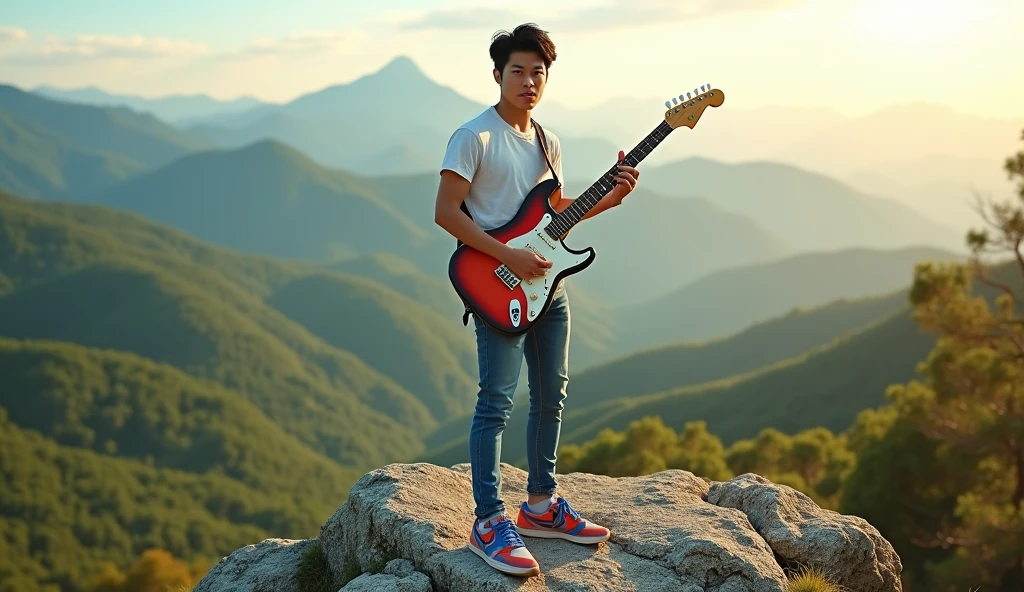 a hyper detailed photorealistic, handsome asian male , neat messy black hair, wearing tshirt jeans pants and running shoes. playing electric guitar standing at the rock of the hill, he is looking forward to camera, slightly looks, rendered in brilliantly colored, high resolution, 4K render.