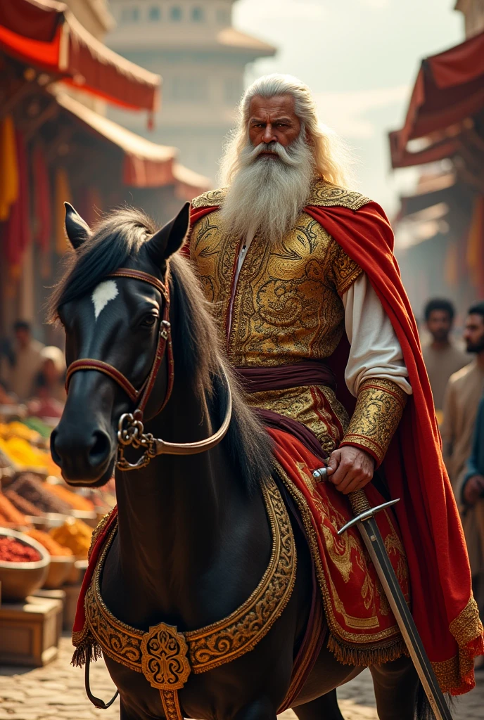 man standing in general's costume with a well-groomed white Persian beard in front of the horse pulling the horse's reins with an angry expression add a sword and in the background the Persian market with spices