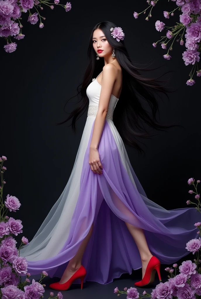 "Beautiful asian woman with long black hair, wearing a long white purple dress, and has flowers in her hair,wearing red high heels, the woman looks at the camera with a curious expression as she walks,The picture was taken from the front with a purple flower frame.,The background is matte black"