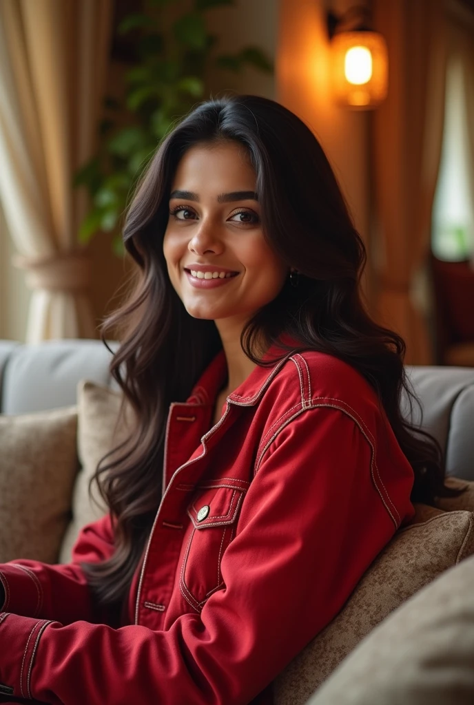 Genrate a sexy lady influencer. Very realstic. 30 years old. Very Fair face. Cute face. Red Denim jacket wearing. Slim nose. Very light brown eyes. Beautiful slim lips. Beautiful face. Beautiful eyes. Sexy Indian lady. She is the lovely sexy lady. Realistic background. she is sitting on the sofa. sexy lady