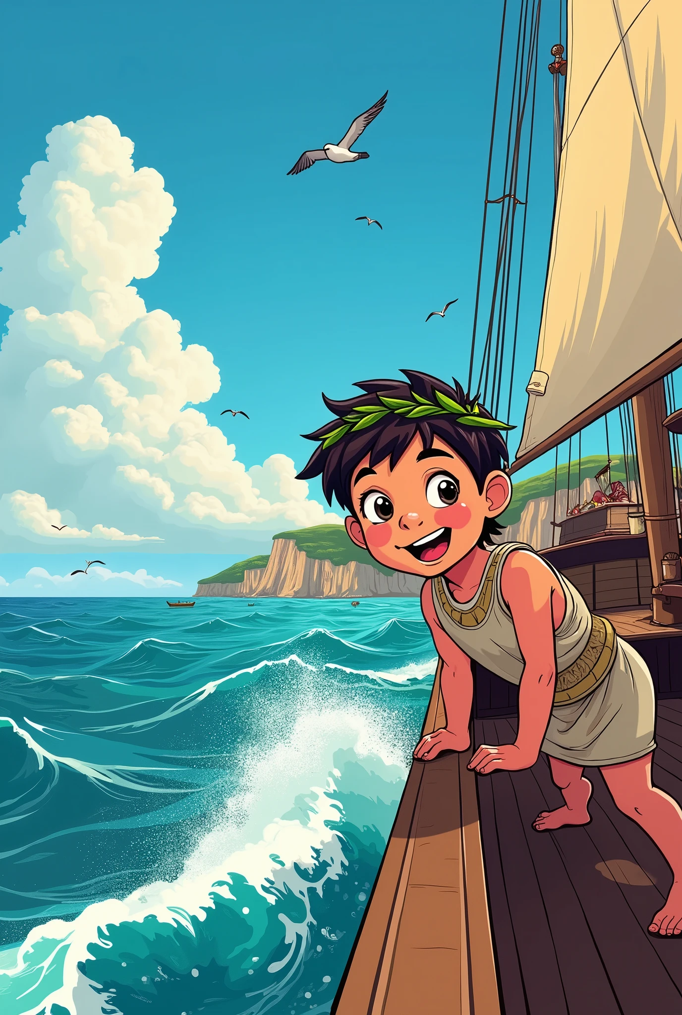 an image from someone's perspective onboard an ancient greek ship in a cartoon kids style with black outlines
