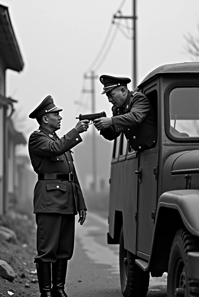 Un militaire nord-coréen dans une voiture pointe son arme sur le visage un autre militaire nord-coréen dessin noir et blanc