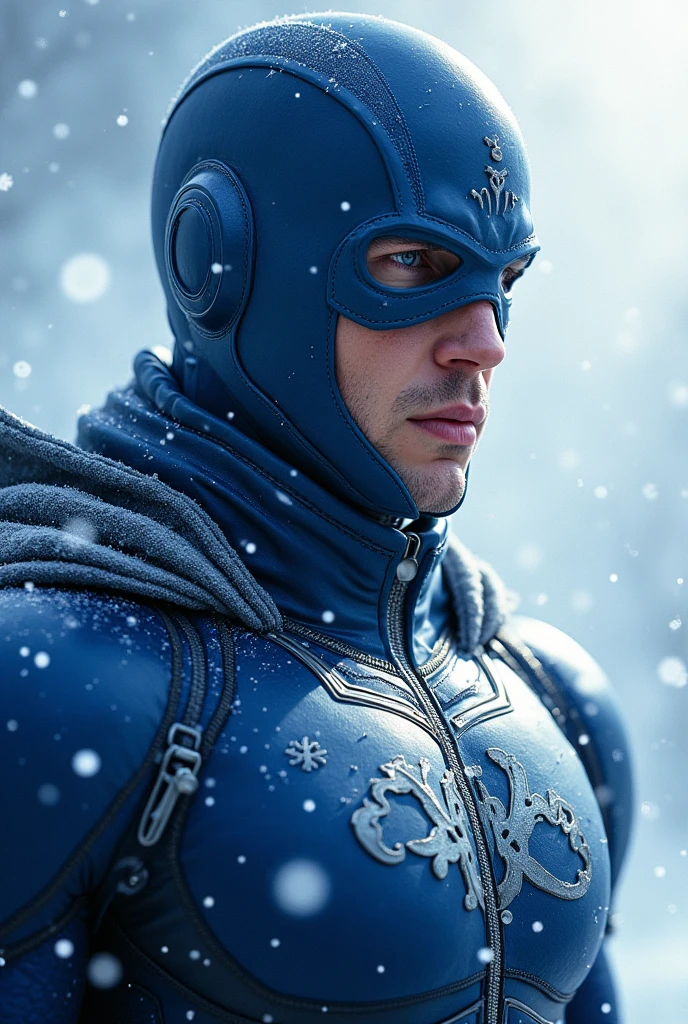 Make a uniform without the cape behind with a helmet with the snow symbol on the blue chest made of fabric of a male superhero without lighting in the eye and