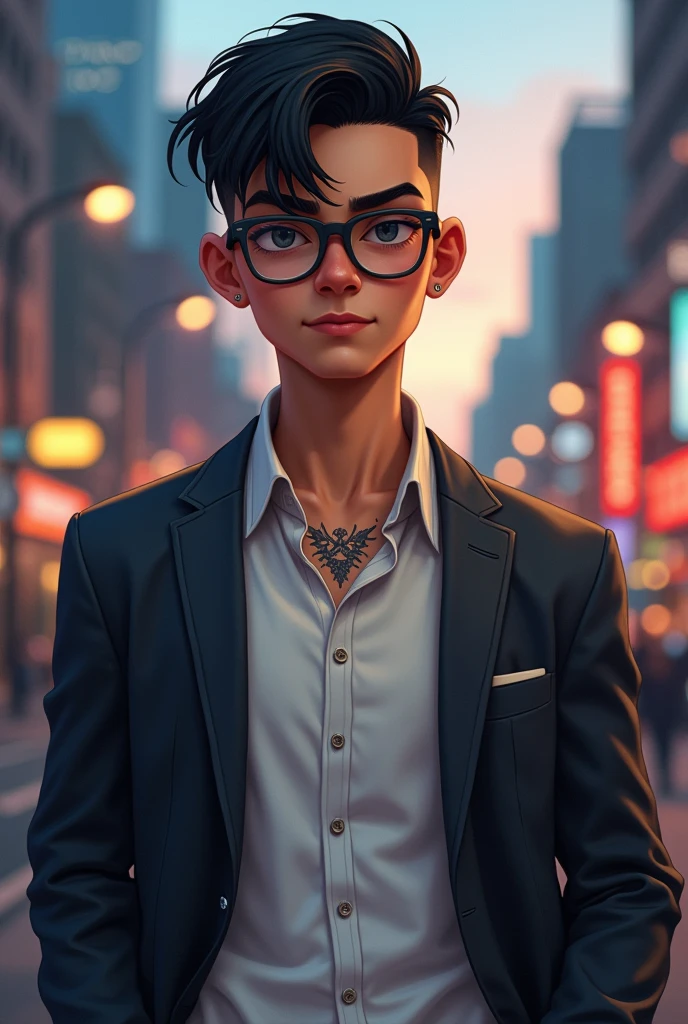 18 year old American boy with straight black hair in undercut, wears a white dress shirt, jaket, use gray glasses, He has a strong body and tattoos on his arms
