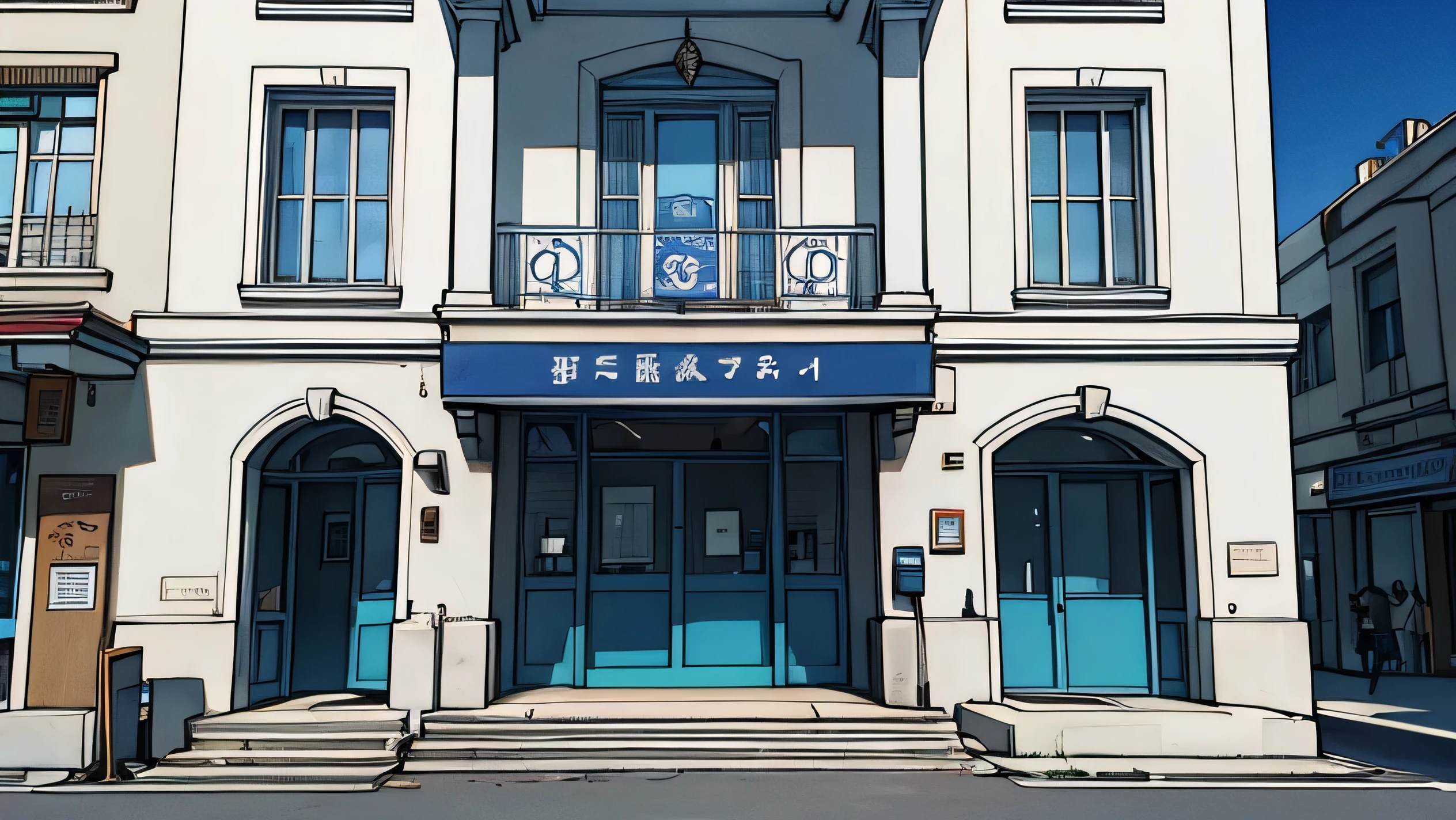 The facade of a police station, shown from a perspective that uses a vanishing point, revealing a significant portion of the building. The structure has a solid, official appearance with clean lines and a neutral color palette of grays and blues. The entrance features large double doors with a polished metal finish, and a bold sign above them reading 'Police Station'. Windows are barred, and security cameras are positioned near the entrance. The building extends along the street, with the perspective creating a sense of depth, leading the eye toward the vanishing point. The scene is set during the day, with soft natural light highlighting the building's serious and authoritative character.