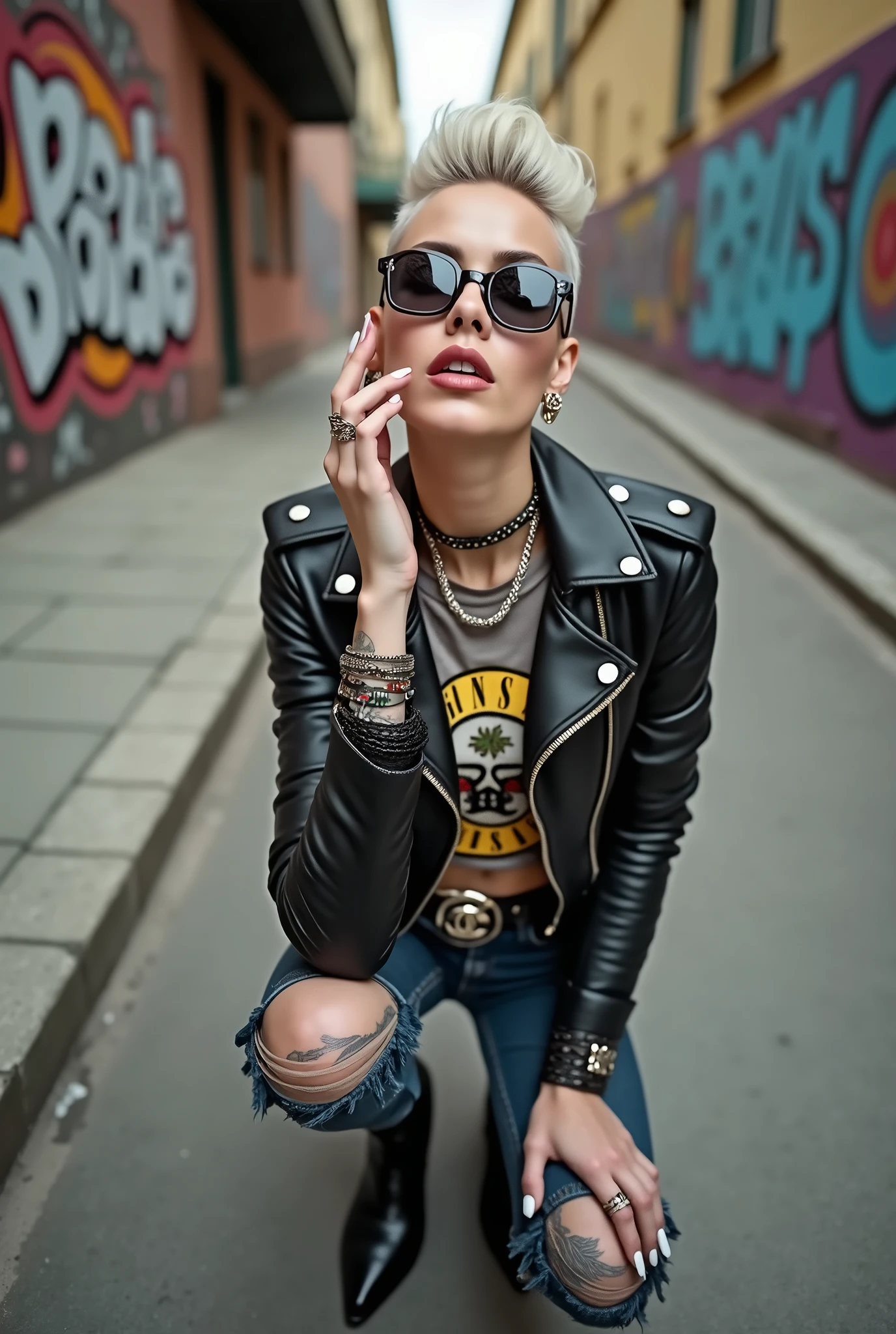 russian old milf woman, grey hair (pompadour with shaved sides), wearing square maxisunglasses, bandana as headband, with very light blue eyes, extremely pale. Wearing cropped padded black moto jacket with lots of zippers and badges on jacket flaps, cropped t-shirt with big guns and roses logo, dark blue jeans with holes and pointy Chelsea boots with cuban heels . Silicone breasts. Lots of metallic bracelets, long pendants and lots of collars. Tacky leather belt with oversized chanel buckle. Long earrings. Kneeling, looking at the camera, legs spread, tilted head, eyes and mouth wide open in amazement. Hands fixing her hair, toned abdominals, thin legs and thin arms. Tattoed chest, hands, belly and arms.