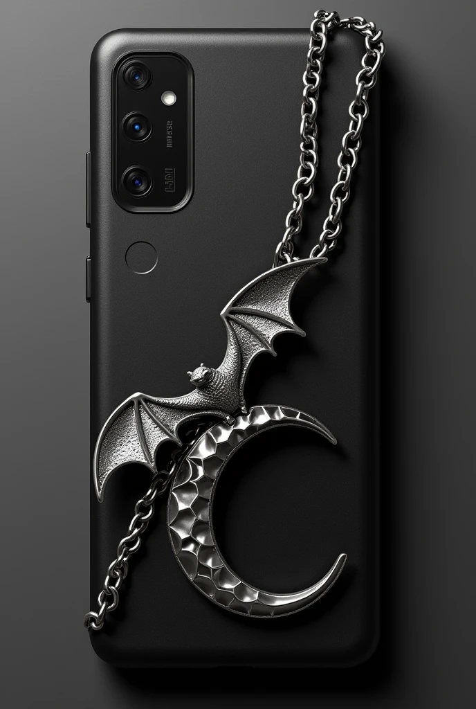 Black phone case with 3D silver bat at the bottom next to the camera on the left side, silver half-moon made of steel in the bottom right corner and a silver chain passing through the middle, going from the top right corner of the case to the bottom left corner of the 3D Samsung A25 cell phone case