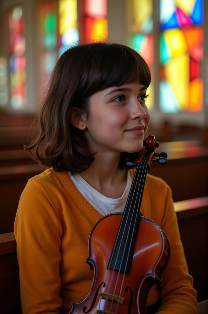 Create a profile picture of a 15 year old teenager with modern bangs inside the Christian Congregation in Brazil holding a Violin