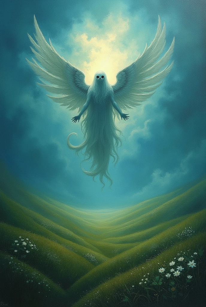 A painting based on lack of identity and nostalgia, something a bit abstract and based on the artist Caesar Ray, with blue and green tones in a field, There is a biblical Seraphim (angel with eye and wings)