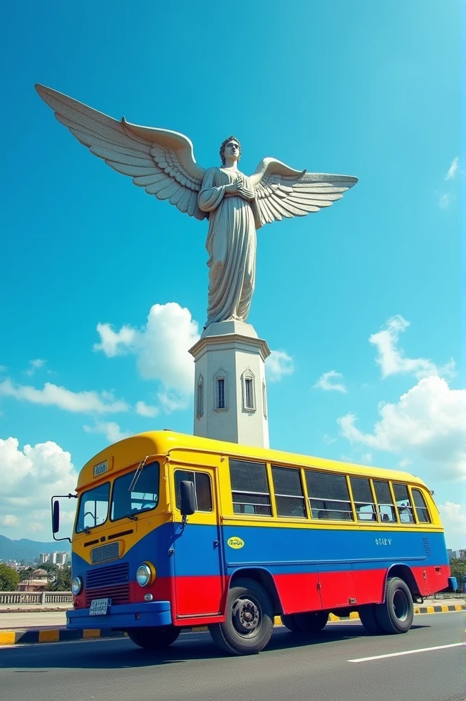 a bus with the colors of the flag of Venezuela that is on its side and in the background the blue sky and the holy angel of Caracas