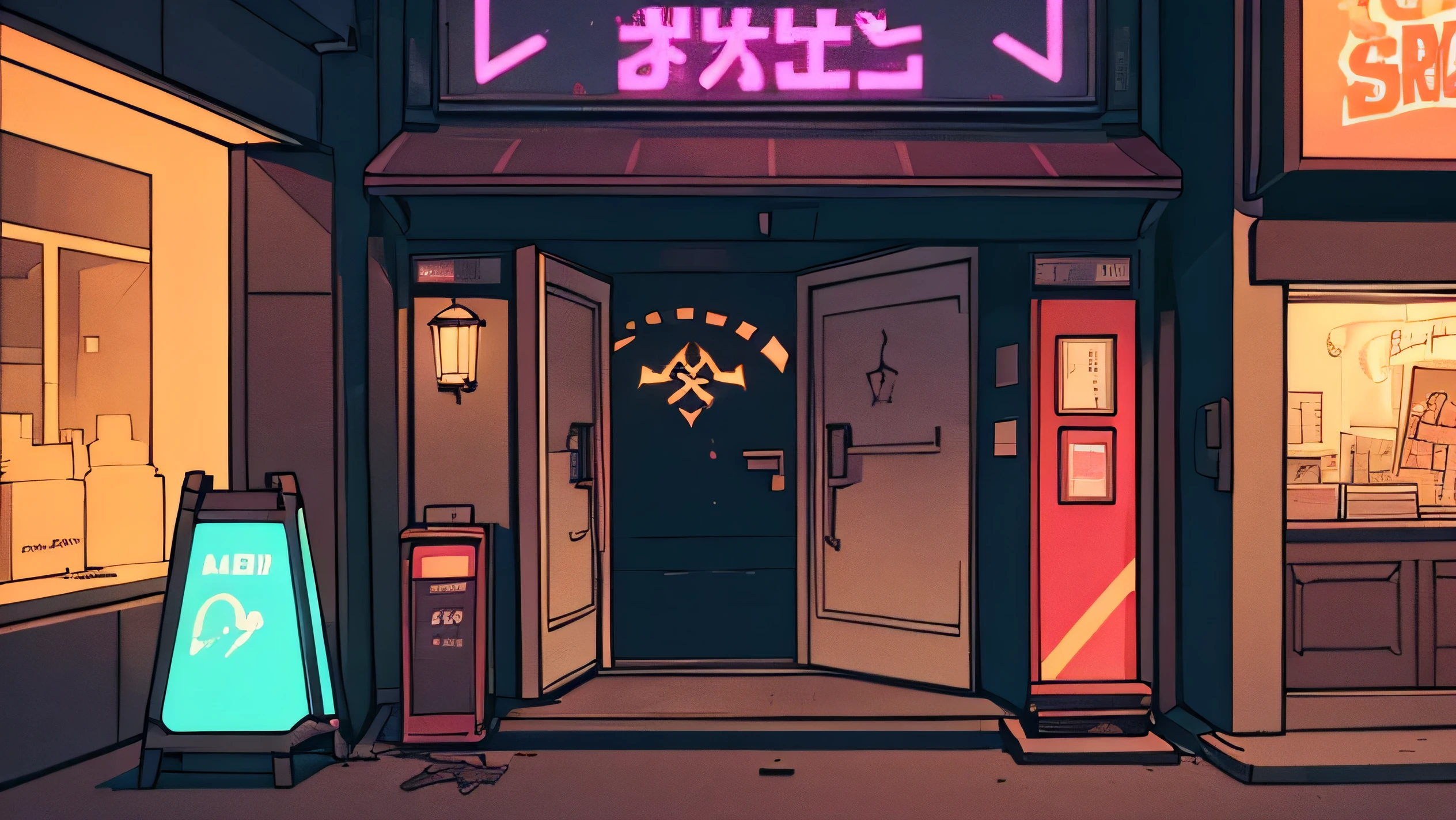 The facade of a nightclub, shown from a perspective with a vanishing point, focusing on the building's front while giving a glimpse of the adjacent alleyway. The nightclub has a vibrant and slightly gritty appearance, with neon lights and a bold, eye-catching sign. The entrance is marked by a set of heavy, ornate doors, and the facade features a mix of dark colors and colorful neon accents. The alleyway is partially visible to the side, with a few trash cans and dim lighting, adding a touch of urban edge. The scene is set during the day, with natural light illuminating the nightclub, creating a contrast between the lively front and the more subdued alleyway.
