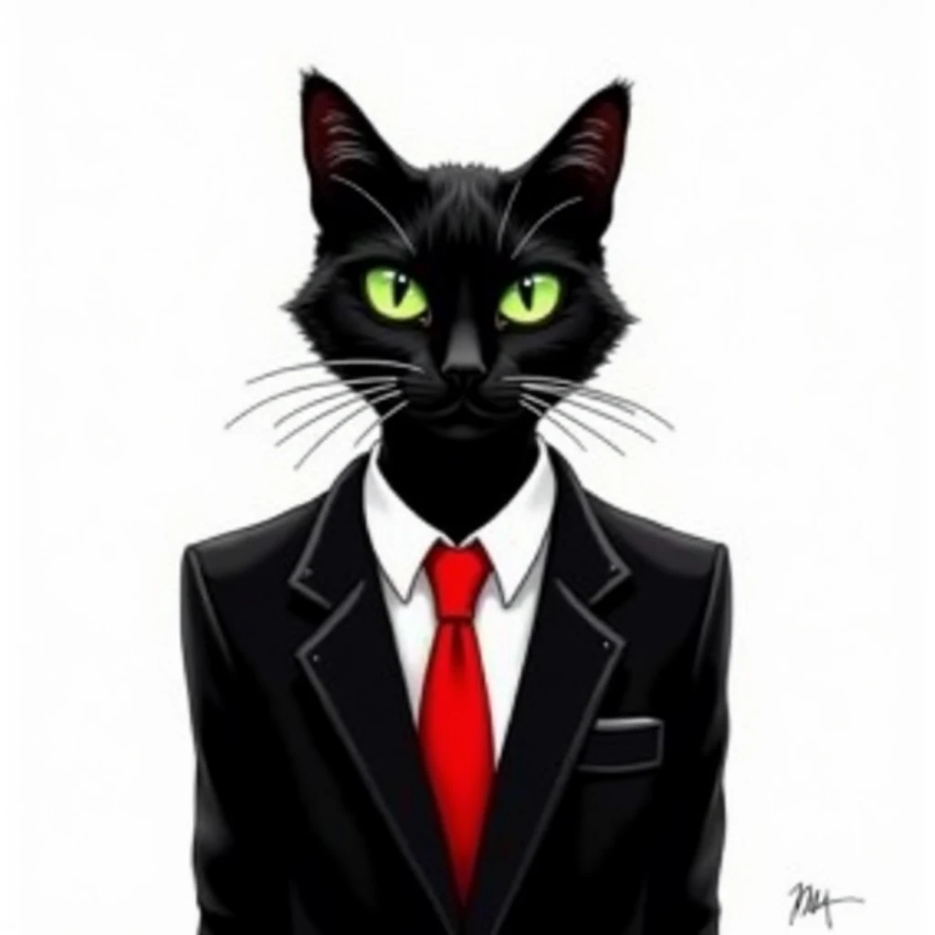 Black cat with body in black suit with red tie, drawing style, minimalism