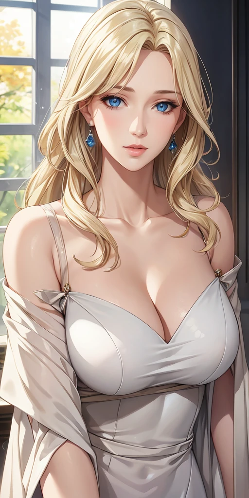 Elegant mature female, blue eyes, blonde hair, soft light, 4k resolution, high quality, beautiful cg