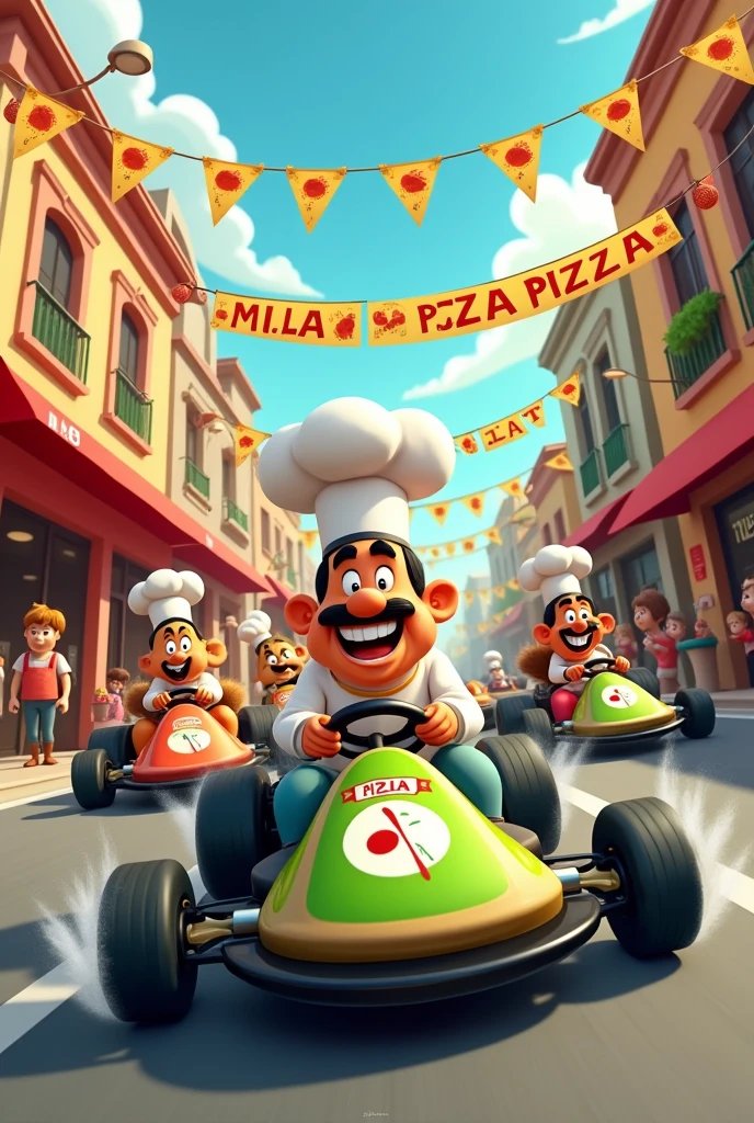 Personnage genre dessin animé et petit personnages animaux pour une publicité pizzeria au nom de "Milan Pizza", who make powerful green and black karts

