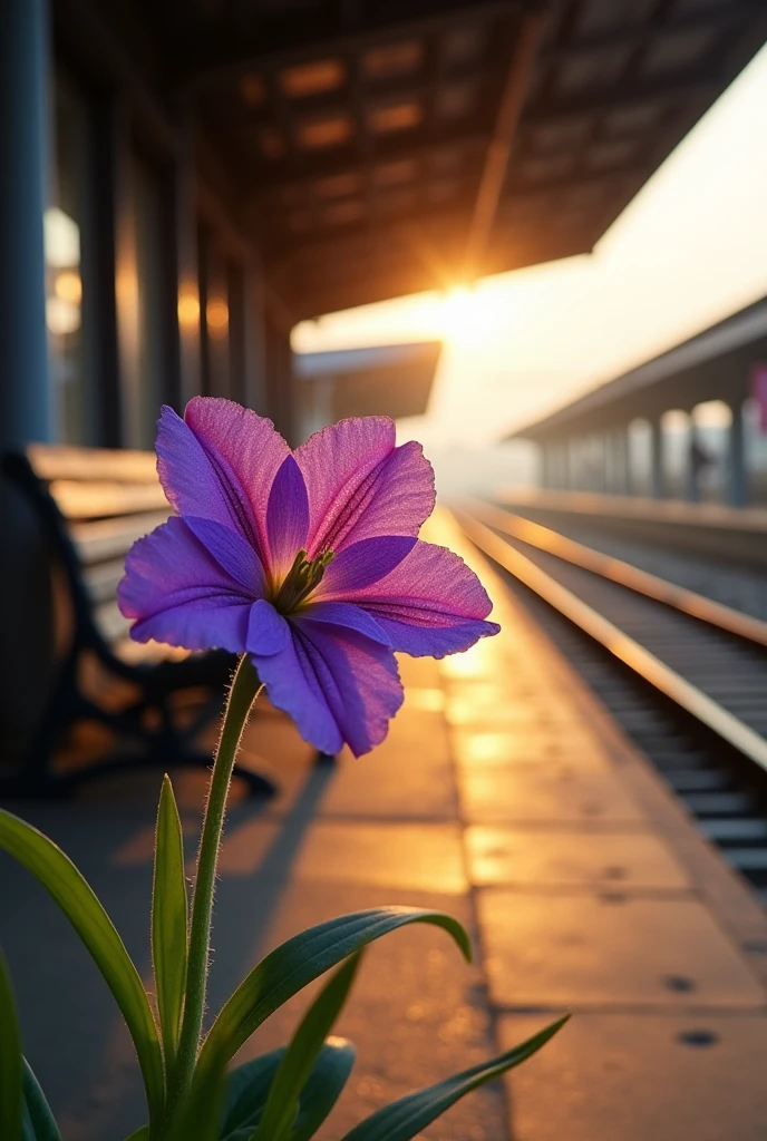 A purple flower in the early morning in the railway station platform with sun light 