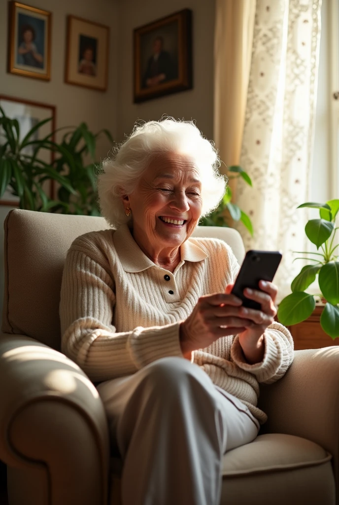 A grandmother with a smartphone, smiling while buying something with Bitcoin