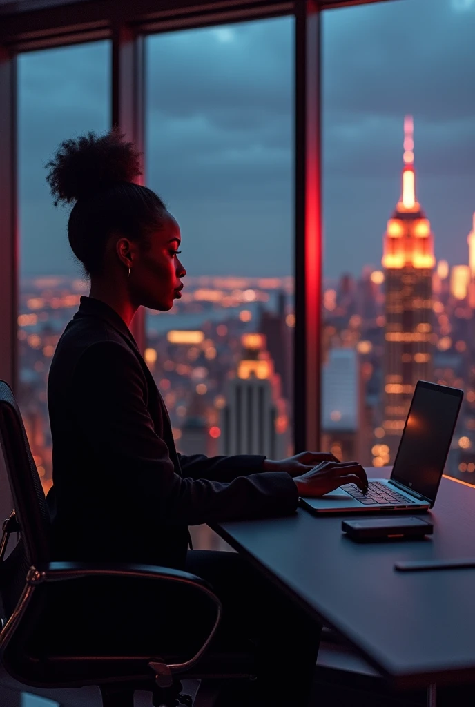 Cover Concept:
setting: A corporate office with a panoramic view of new york city, dark lighting with, red glasses, A powerful image of black women leading a team through complex logistics scenarios,
convey strength and leadership.