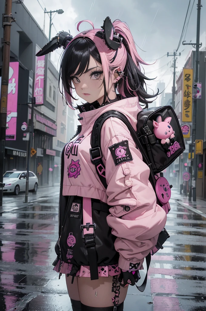 (highest quality、8k、32K、masterpiece、nffsw:1.3)、(Photoreal:1.4),(shoot from front,looking at viewer:1.5)、18-year-old punk girl,eccentric punk hair,((pink and black punk fashion:1.5)),clothes with studs、(1 holding a stuffed crazy bunny in his left hand.5)、black backpack on the back、（bright black and pink hair:1.5）,Wacky makeup、、dark background、Desolate city in the rain、puddle on the road、(cinematic lighting)、Depth of the bounds written,blurred background、