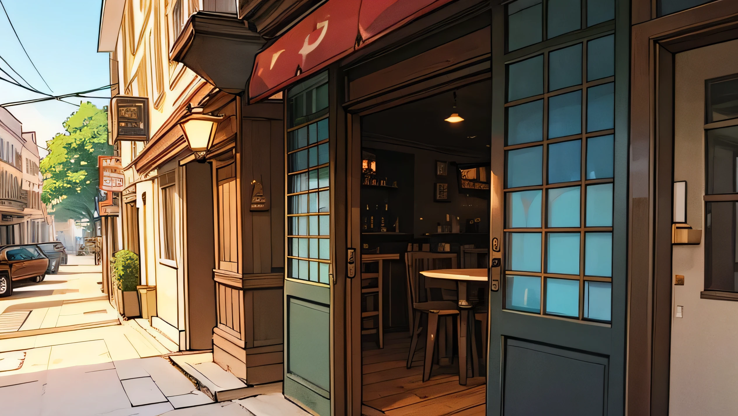 The facade of a bar located on a street corner in the city center, shown from a perspective that highlights both sides of the building. The bar features a classic, inviting design with large windows on both sides, allowing for a view of the interior. The entrance has a wooden door with a stylish awning above it, and a prominent sign displaying the bar’s name in elegant lettering. The corner of the building is adorned with small bistro tables and chairs, adding to the lively atmosphere. The exterior has a warm color palette, with brick or stucco walls and some greenery like hanging plants. The scene is set during the day, with natural sunlight bathing the bar and the surrounding cityscape, capturing the vibrancy of the urban environment.