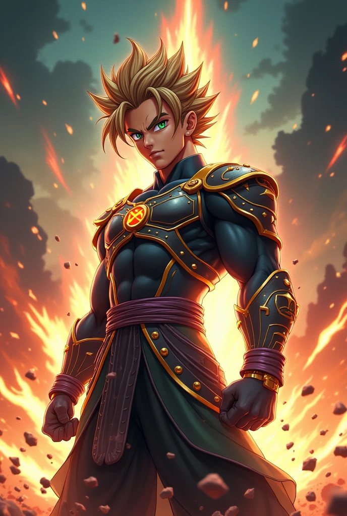 Believe me as a dragon ball character I am a 21 year old man I am 1.72 and I weigh 70 kilograms, I am white, slightly dark-skinned, with green eyes and light brown hair, a simple face with a somewhat pronounced forehead, an attractive face, and make me wear the costume of a god of destruction