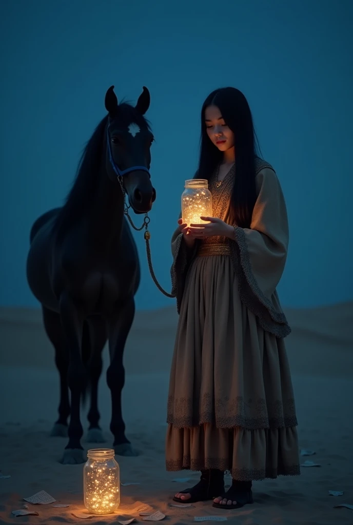 Draw a picture of a girl of 30 years old in brave's costume, having straight black hair standing in desert holding a jar which is decorated with LED lights inside. The girl is holding a chit and reading it.
On desert there are lots of chits everywhere without led lights.
A black horse is standing behind the girl on left side.
The whole picture is in dark mode.
